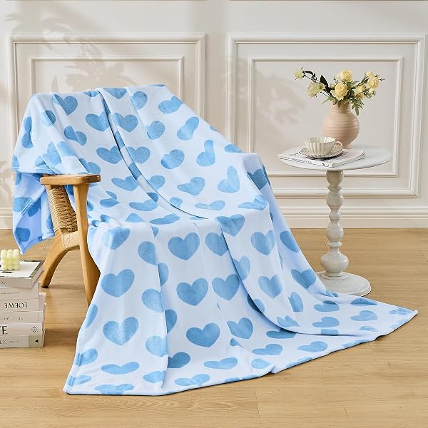 FY FIBER HOUSE HEART FLANNEL KING BLANKET SOFT COZY BLANKETS FOR LOVER GIFTS ALL SEASON USE, 90X108 INCHES, BLUE