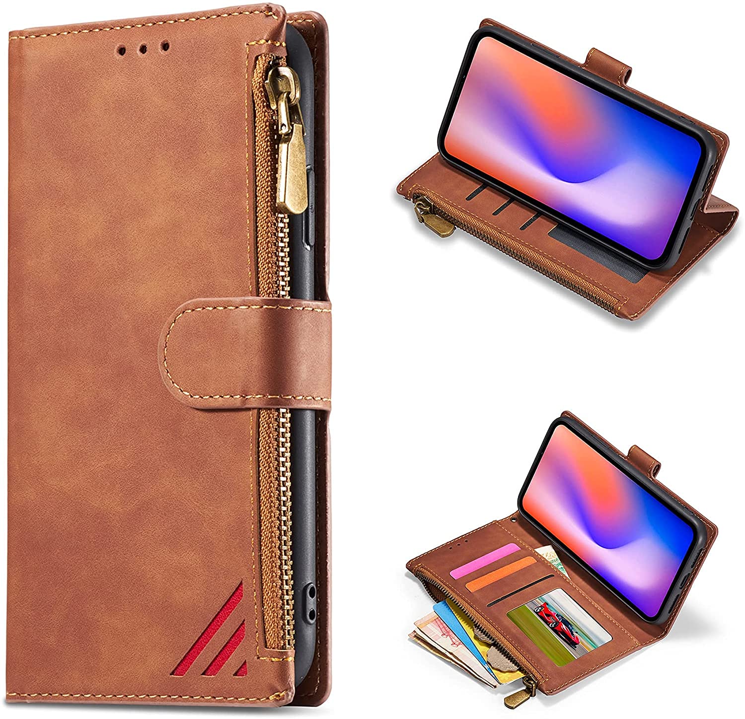 DEFBSC Case for iPhone X/iPhone Xs, Stitching Zipper Case Premium PU Leather Magnetic Closure Card Holder Slots Zipper Pocket Case with Wrist Strap TPU Shockproof Flip Case Cover - Brown — image 1