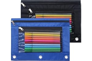 Cinvo Pencil Pouch 3 Ring Binder Pouch Zippered Pencil Case Canvas Pencil Bag with 2 Compartments (Set of 2, Black and Blue)