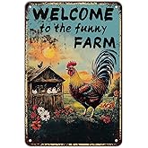 KIYOYO Chicken Decor Vintage Chicken Coop Signs Welcome To My Funny Farm Sign Retro Rooster Decor for Home Garden Outdoor Yard Farmhouse 12x8 Inch