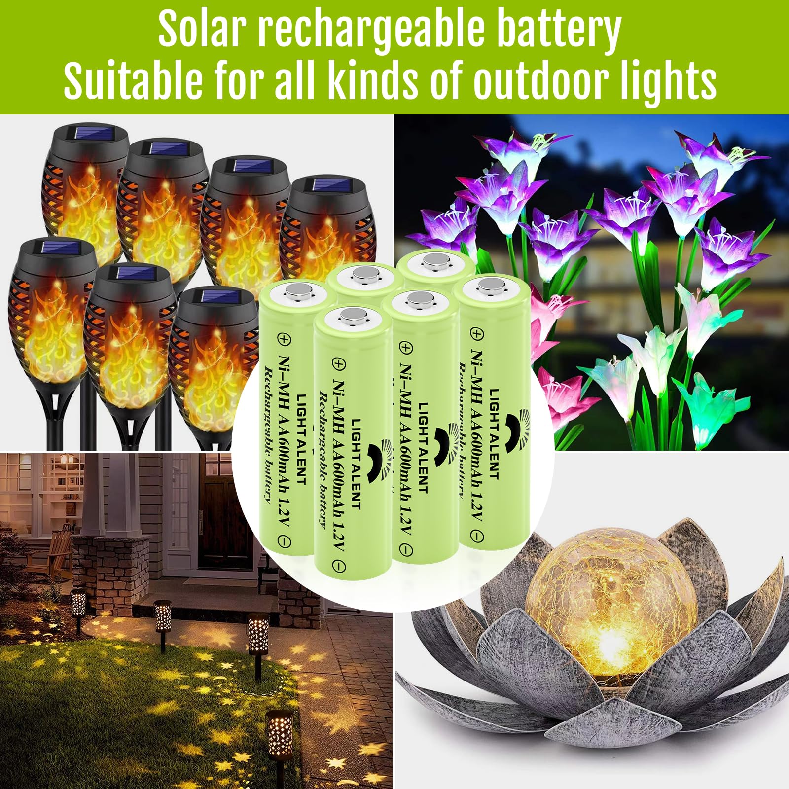 Lightalent Ni-MH AA Rechargeable Batteries, Double A High Capacity 1.2V Pre-Charged Battery for Outdoor Solar Lights(AA-600mAh-12pack)