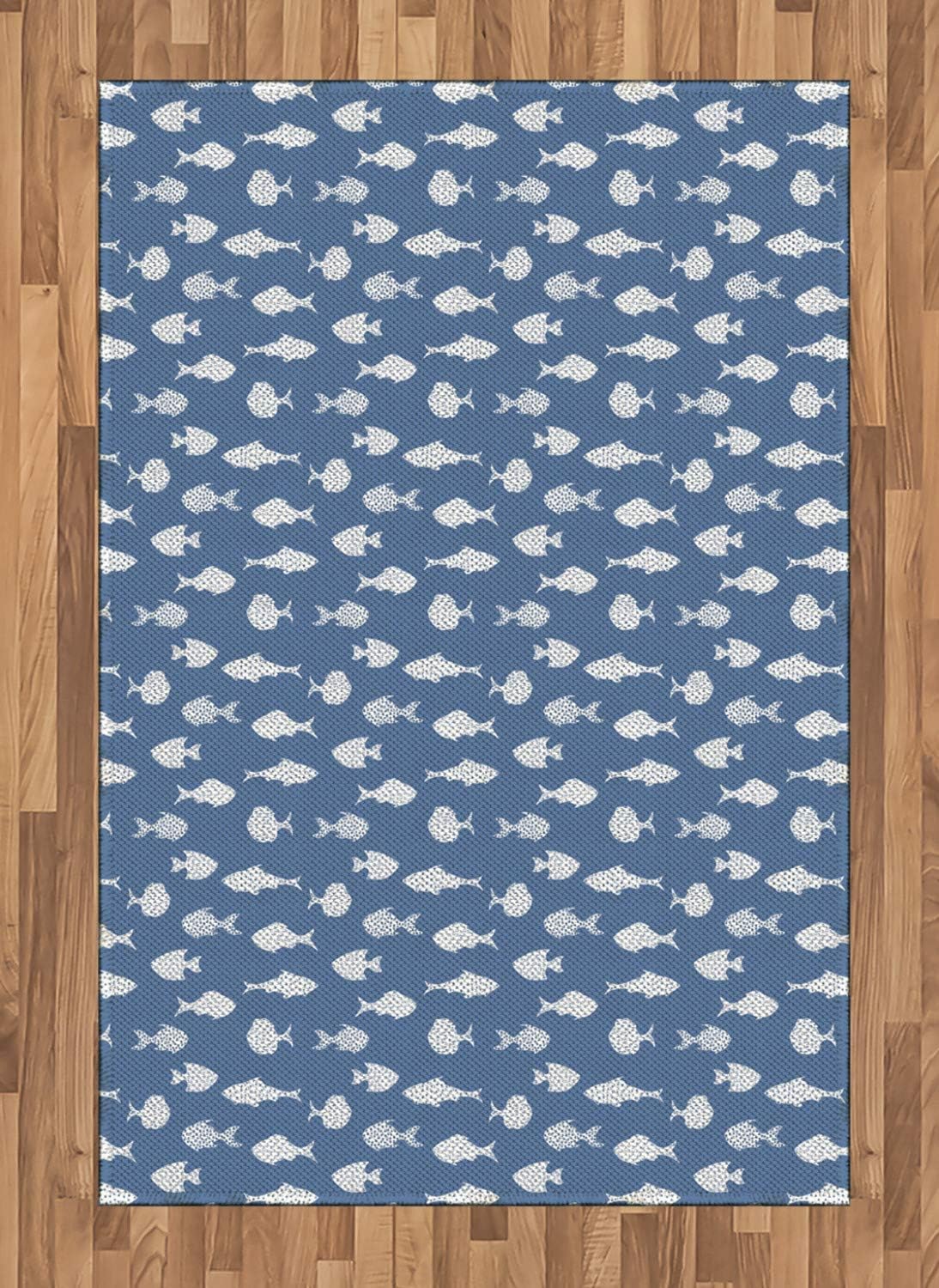Ambesonne Fish Area Rug, White Fish Silhouettes with Dots and Dashes Print on Blue Background Print, Flat Woven Accent Rug for Living Room Bedroom Dining Room, 4' X 5.7', Ceil Blue and White