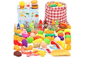 Tagitary Kitchen Toys Play Food Toys Set,88 PCS Plastic Grocery Fake Food Play Kitchen Accessories for Kids,with Fruits Veggies Food Cans and Storage Bag,Birthday Gift for Kids Toddlers