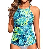 Women Tankini Swim Top Only - High Neck Bathing Suit Tops Tummy Control Tank Top No Bottom