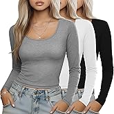Sweetyweee 3 Pack Women's Long Sleeve Shirts Scoop Neck Slim Fit Tops U-Neck T-Shirts Basic Casual Tee Layer for Ladies