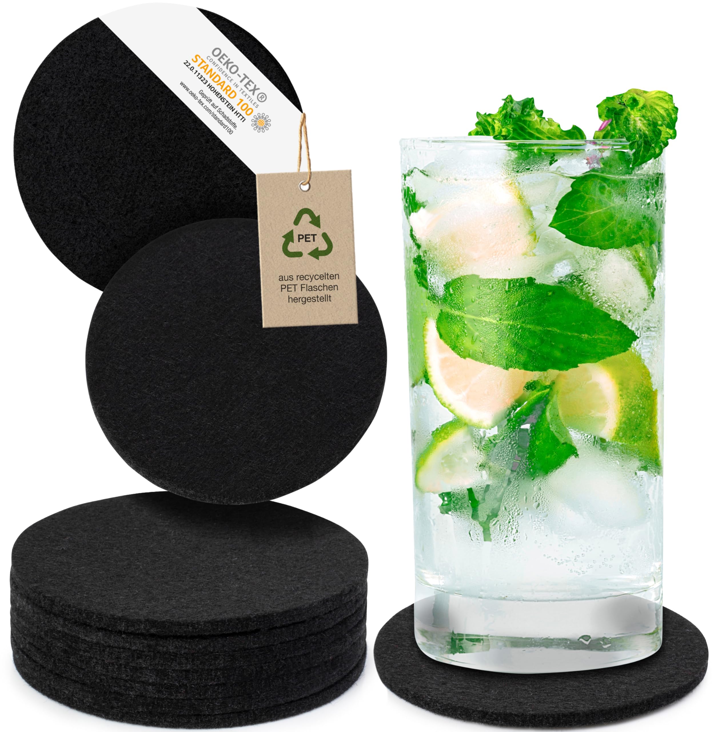 Miqio® Design Glass Coaster - Felt and Leather - Coasters Set of 10 for Drinks with Genuine Leather Appliqué - Easily Washable and Sound Absorbing Cup Mats