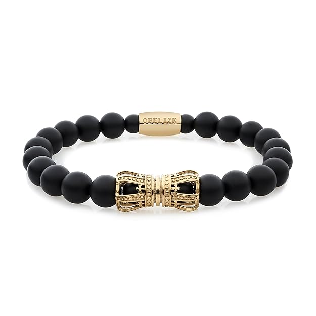 Obelizk Exklusiv Herrenarmband Royal | Armband für Männer mit Krone und Onyx Natursteinperlen | Geschenk Schmuckbox + Luxury 