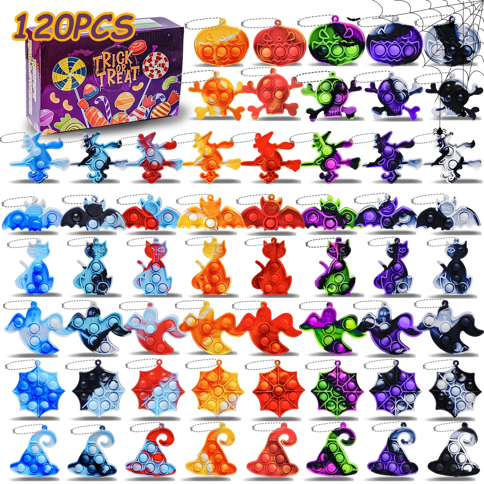 Photo 1 of 120 Packs Halloween Party Favors for Kids, Halloween Fidgets Toys with Mini Pop Keychain, Halloween Fidget Sensory Pop Toys, Classroom Prizes Box, Treasure Chest Treat Bags Gifts, Stress Relief