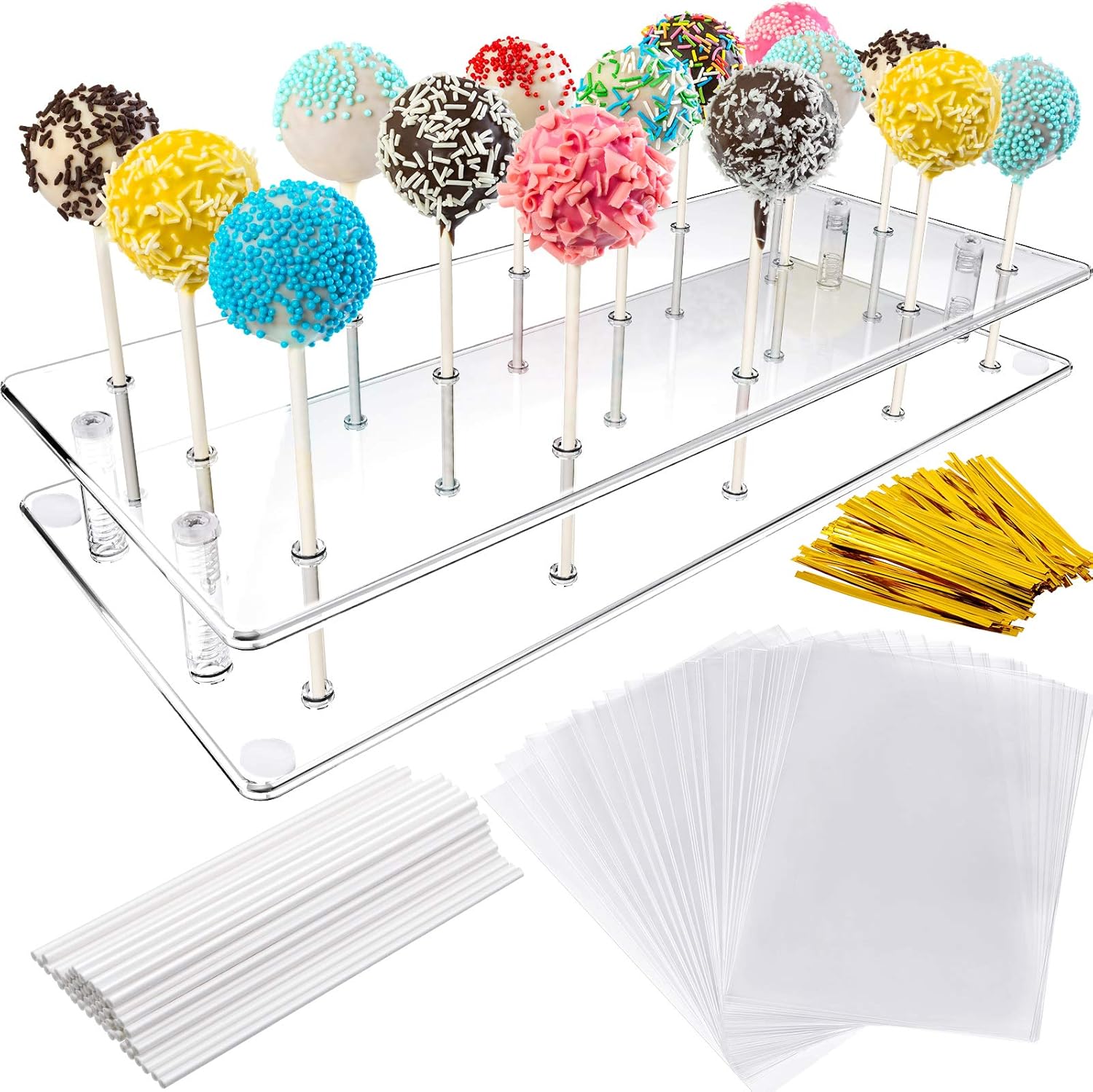 Amazon Com Cake Pop Display Stand 21 Hole Clear Acrylic Lollipop Holder With 50 Pieces Lollipop Sticks 50 Pieces Plastic Treat Bag And 100 Pieces Twist Tie For Wedding Baby Shower Birthday
