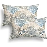 Nautical Coastal Lumbar Pillow Covers 12x20 Inch Ocean Beachy Seashell Coral Starfish Throw Pillows for Couch Farmhouse Summer Beach Blue Rectangle Pillow Cases for Bed Patio Covers Outdoor Set 2