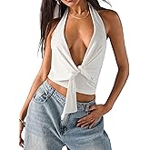 MISSACTIVER Women’s Sexy Halter Top Backless Wrap Twist Crop Tops Y2K Plunge Deep V-Neck Bandage Crop Tank Top Corset Cami