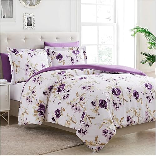 Mellanni Duvet Cover Queen Set 5pcs - Soft Bedding, 2 Shams and 2 Pillowcases - Button Closure and Corner Ties - Wrinkle, Fade, Stain Resistant (Full/Queen, Madison Purple)