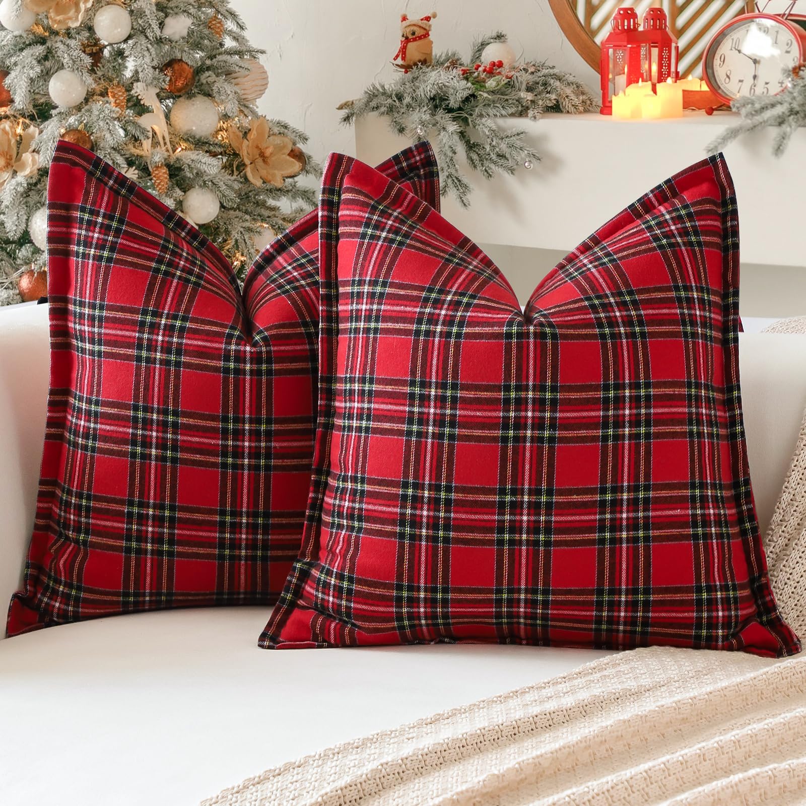 Sungeek Christmas Scottish Tartan Cushion Covers 60 x 60 Set of 2 Linen Decorative Check Plaid Square Pillow Covers with Stitched Edge for Sofa Couch Bed Living Room 24x24 Inch (Red)