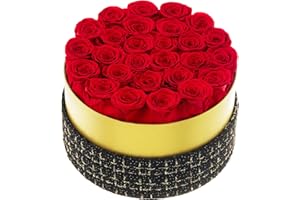 Eterfield Forever Flowers 27-Piece Preserved Roses in a Box Preserved Flowers Gift for Her Wife Mothers Day Valentines Day Christmas (Red Roses, Round Gold Black Plaid Box)