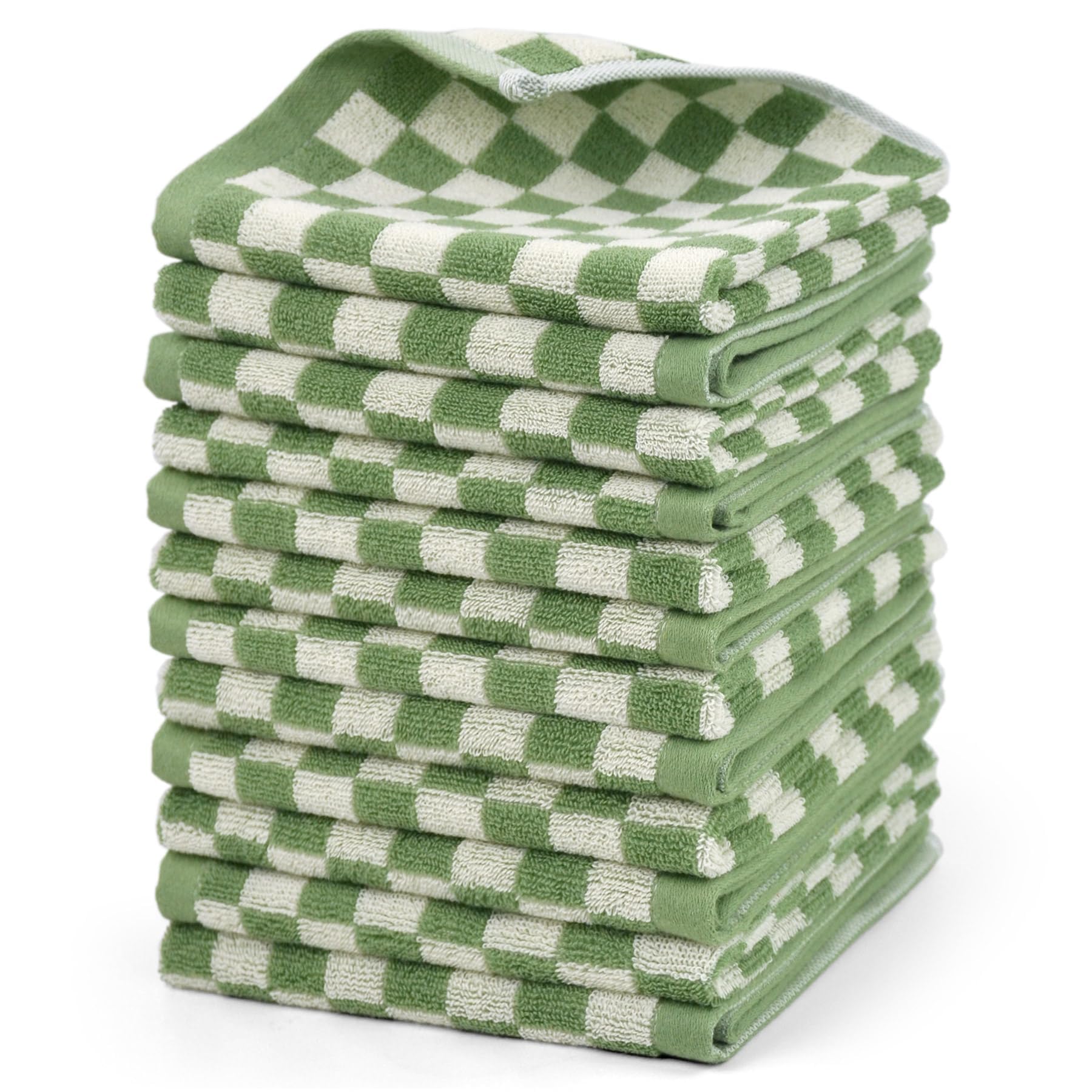 Jacquotha Wash Cloths Super Soft (Green Checkered), Wash Clothes 12 Pack Cotton Face Cloths for Washing Face Showering 13x13 Inches, Chrsitmas Gifts
