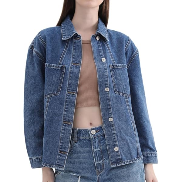 Beppter Women Denim Jackets Basic Solid Color Button Down Denim Cotton Jacket With Pockets Denim Jacket Coat Dark Blue L