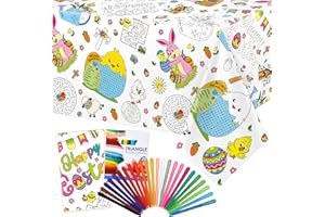 Faccito Easter Coloring Tablecloth 108 x 54 Inch Easter Bunny Egg Coloring Poster with 24 Crayons Giant Paper Table Cover for Holiday Party Favors School Family Activities
