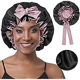 brcok Satin Bonnet Silk Sleep Cap, Double Layer Tie Band Adjustable Bonnet for Women Curly Hair Care