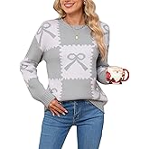 shermie Women Check Sweater 2025 Fall Winter Long Sleeve Crew Neck Color Block Bow Pullover Sweaters