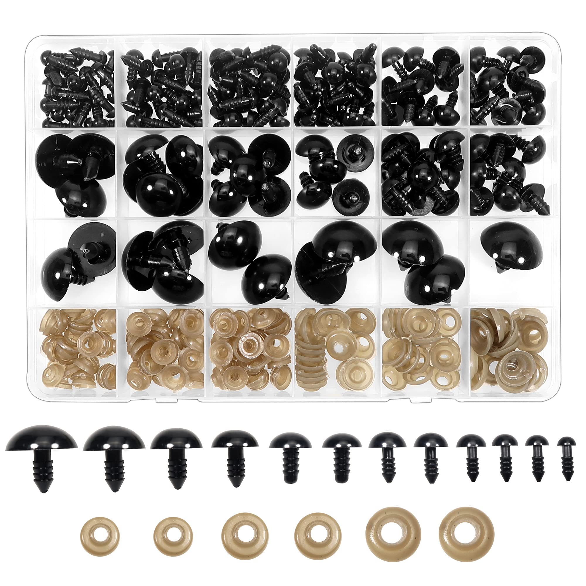TOAOB THE ONE AND ONLY BABY CLB0590TOAOB 150 Pieces 6 to 24 mm Black Plastic Safety Eyes with Washers for Making Dolls