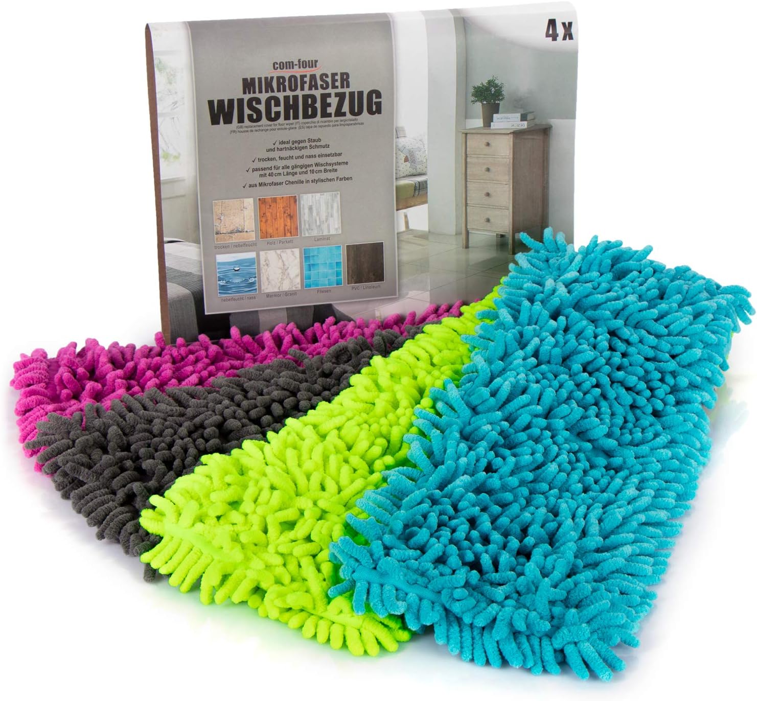 com-four® 4X Ersatz-Bezug für Bodenwischer, Wischbezug aus Microfaser Chenille zur gründlichen Reinigung Ihrer Wohnfläche (anthrazit/blau/pink/grün)