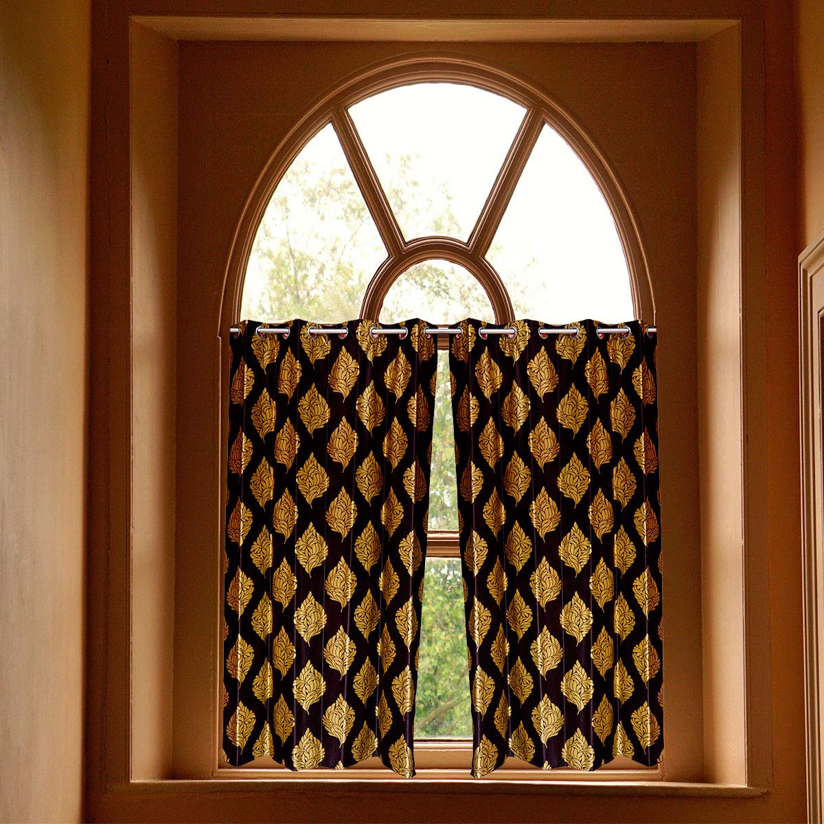 Buy Akash Handloom Simple Leaf Golden Brown Color Design Curtains