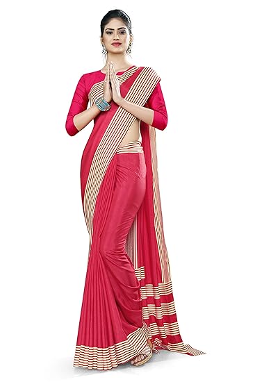 Uniform Sarees Corp Womens Plain Border Polycotton Raw Silk Employee Uniform Saree With Blouse (Carrot Pink)