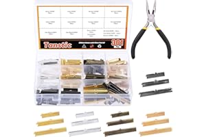 Tanstic 301Pcs 5 Colors 3 Sizes Ribbon Ends with Needle Nose Pliers, Crimps Cord End, Bracelet Pinch Crimp Ends, Bookmark Leather Fastener Clasps, Cord Clamp Ends Leather Crimp Ends for Jewelry Making