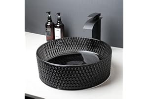 Focitland Black Glass Vessel Sink with Waterfall Faucet and Drain Combo,Artistic Round Vessel Sink Bowl Set Modern Black Crys