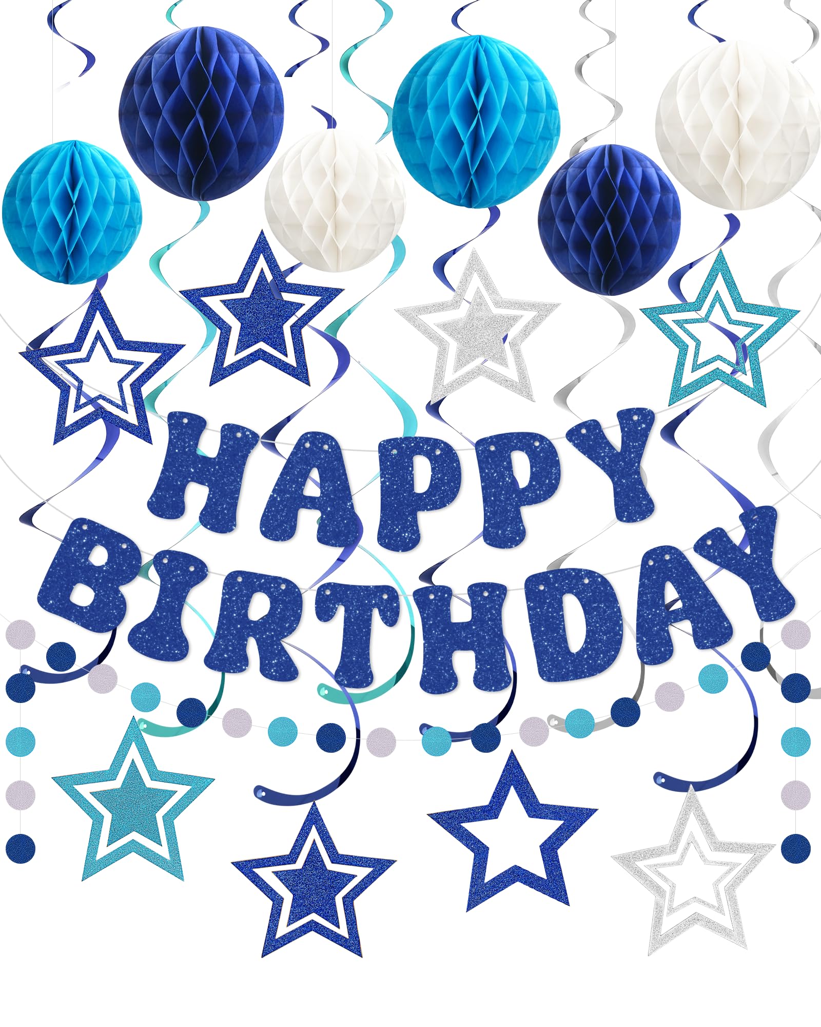 Amandir Birthday Decorations for Boys Men, Glitter Happy Birthday Banner with Honeycomb Balls, Star Hanging Swirls Streamers, Circle Dots Garland, Blue Birthday Party Decorations Supplies Girls Women