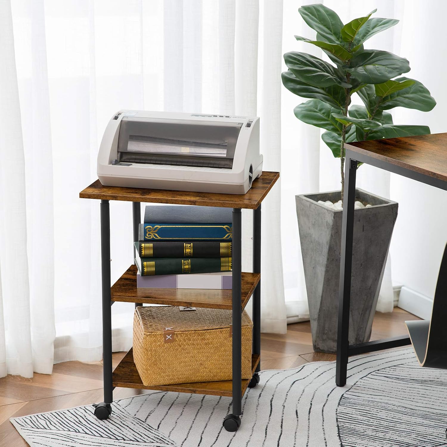 HOOBRO Mobile Printer Stand, 3-Tier Printer Cart with Storage Shelf, Height Adjustable Machine Cart on Wheels, Projector Cart, Industrial Style in Office, Home Office, Rustic Brown BF03PS01: Electronics