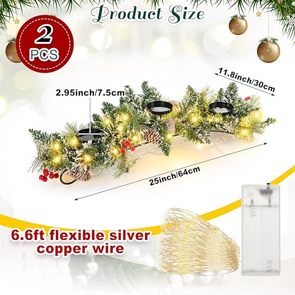4 PCS CHRISTMAS TABLE CENTERPIECE DECORATION WITH 3 CHRISTMAS CANDLE HOLDERS LED FAIRY LIGHTS STRING LIGHTS BATTERY OPERATED ARTIFICIAL RED BERRIES PINE CONES FOR KITCHEN INDOOR HOME (BRIGHT STYLE)