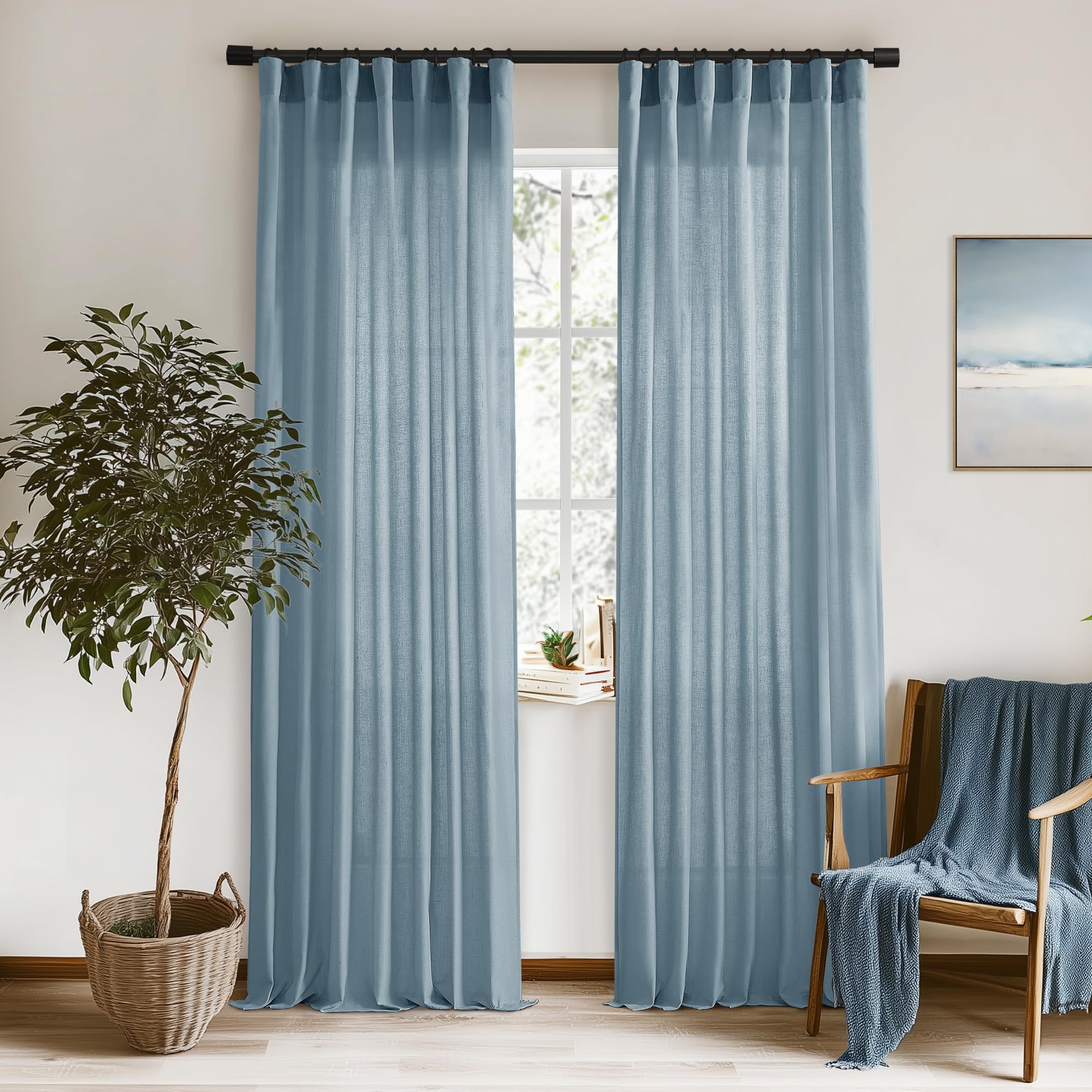 XTMYI Dusty Blue Curtains 96 Inches Long for Living Room,Light Filtering Country Vintage Hooks Pleated Back Tab Semi Sheer Linen Curtains for Bedroom 2 Panels Set,Stone Blue Image