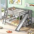 Harper & Bright Designs Full Over Full Bunk Bed with Slide, Bookshelves and Ladders, Solid Wood Floor Bunk Loft Bed Frame for Kids Girls Boys (Gray)