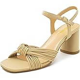 FINDVELL Women's Heeled Sandals Chunky Heel Strappy Metallic Braided Knotted Square Open Toe Ankle Strap Block Heel Sandals