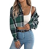 Lingjiazi Women's Cropped Flannel Plaid Shacket Button Down Long Sleeve Shirts Jacket