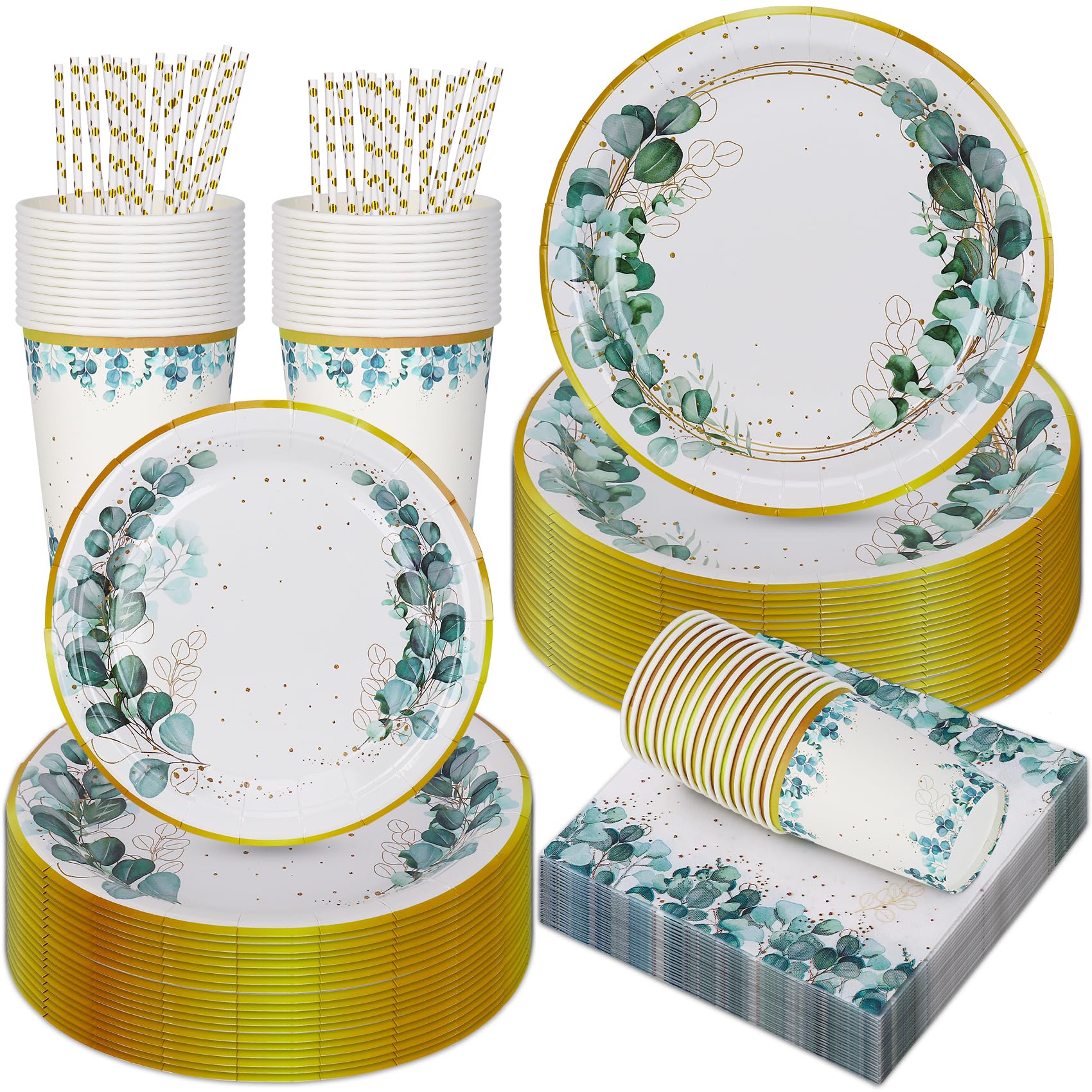 Sage Green Paper Tableware Set, CEILIWEN 125PCS Green Paper Plates Set, Green and Gold Eucalyptus Leaf Party Dinnerware Set Include 9'' Dinner Plates, 7'' Side Plates, Cups, Straws, Napkins