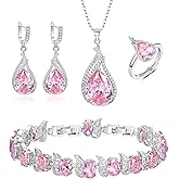BriLove Jewelry Set for Bride, Sparkling Water Drop Cubic Zirconia Crystal Pendant Necklace Leverback Earrings Tennis Bracelet Adjustable Ring Gift for Wedding/Birthday/Mother's Day/Christmas