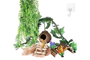 HERCOCCI Crested Gecko Tank Accessories, Reptile Hanging Plants Vines with Coconut Shell Ladder Hideout Hermit Crab Decor for Lizard, Chameleon Cage, Snakes, Hermit Crab, Leopard Gecko