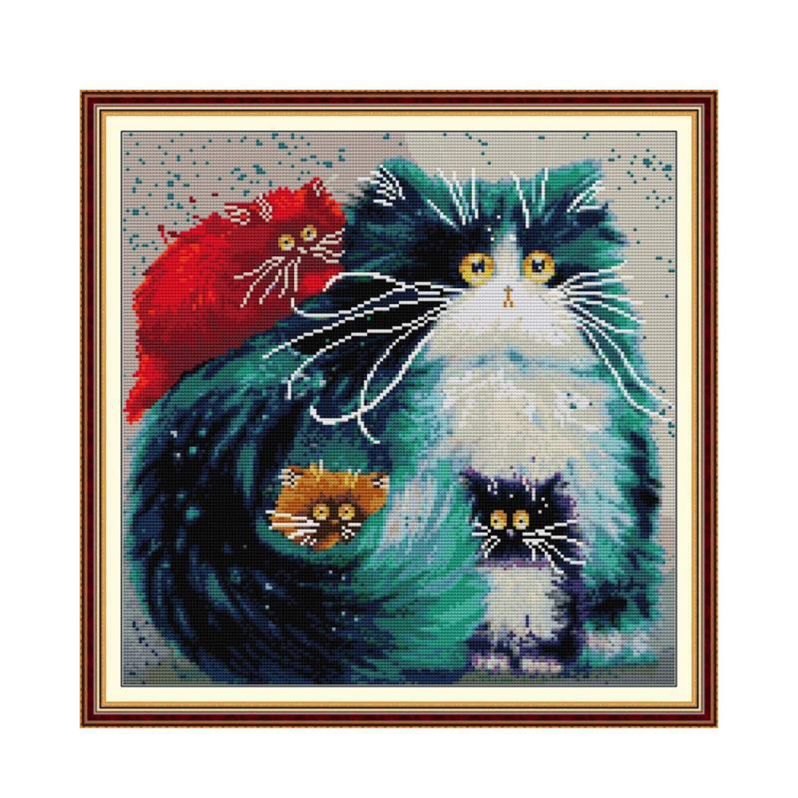 Funchey Counted Cross Stitch Kits Beginners Full Range of Embroidery Starter Kits for Adults Needlecrafts DMC Cross Stitching DIY Supplies Needlework kit 11CT-Rainbow cat(19.7x16.1 inch)