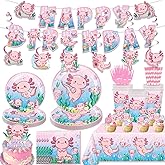 164PCS Pink Cartoon Axolotl Birthday Party Decorations, Tableware Axolotl Party Supplies Plates and Napkins Set, Banner, Hanging Swirls, Tablecloth, Cake Cupcake Topper, Reptile Animals Baby Shower