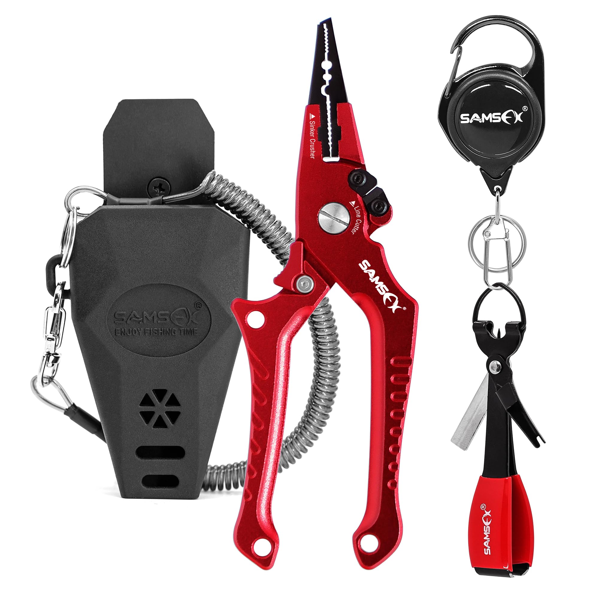 SAMSFX Aluminum Saltwater Fishing Pliers Locking with Quick Nail Knot Tying Tool and Zinger Retractor (Red)