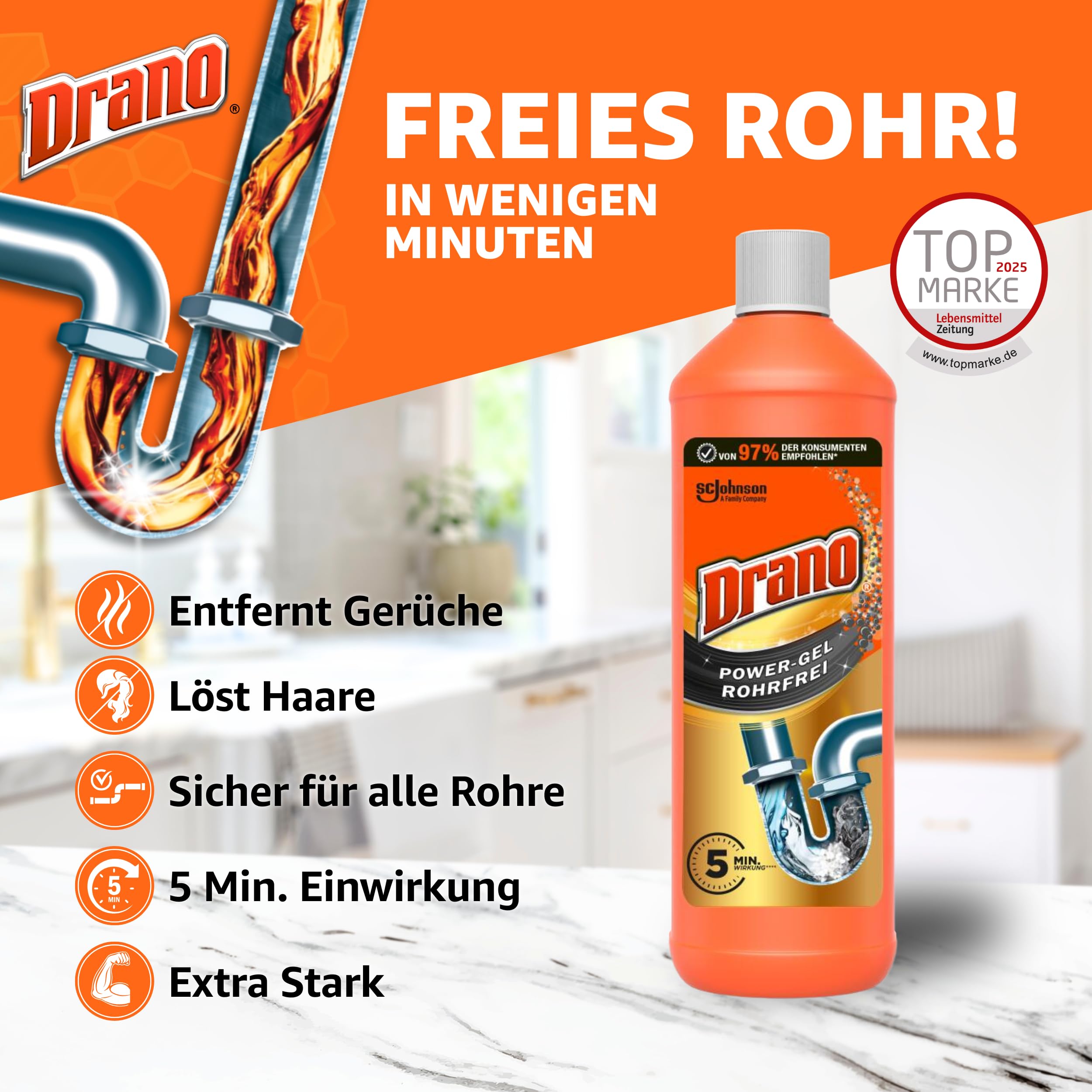 Drano Extra Stark, Abflussreiniger, Rohrreiniger für Küche & Bad, 1er Pack 2