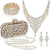 Quelay 4 Pcs Purse Rhinestone Jewelry Set Evening Clutch Bag Bling Crystal Necklace Dangle Earrings Bracelets Accessories