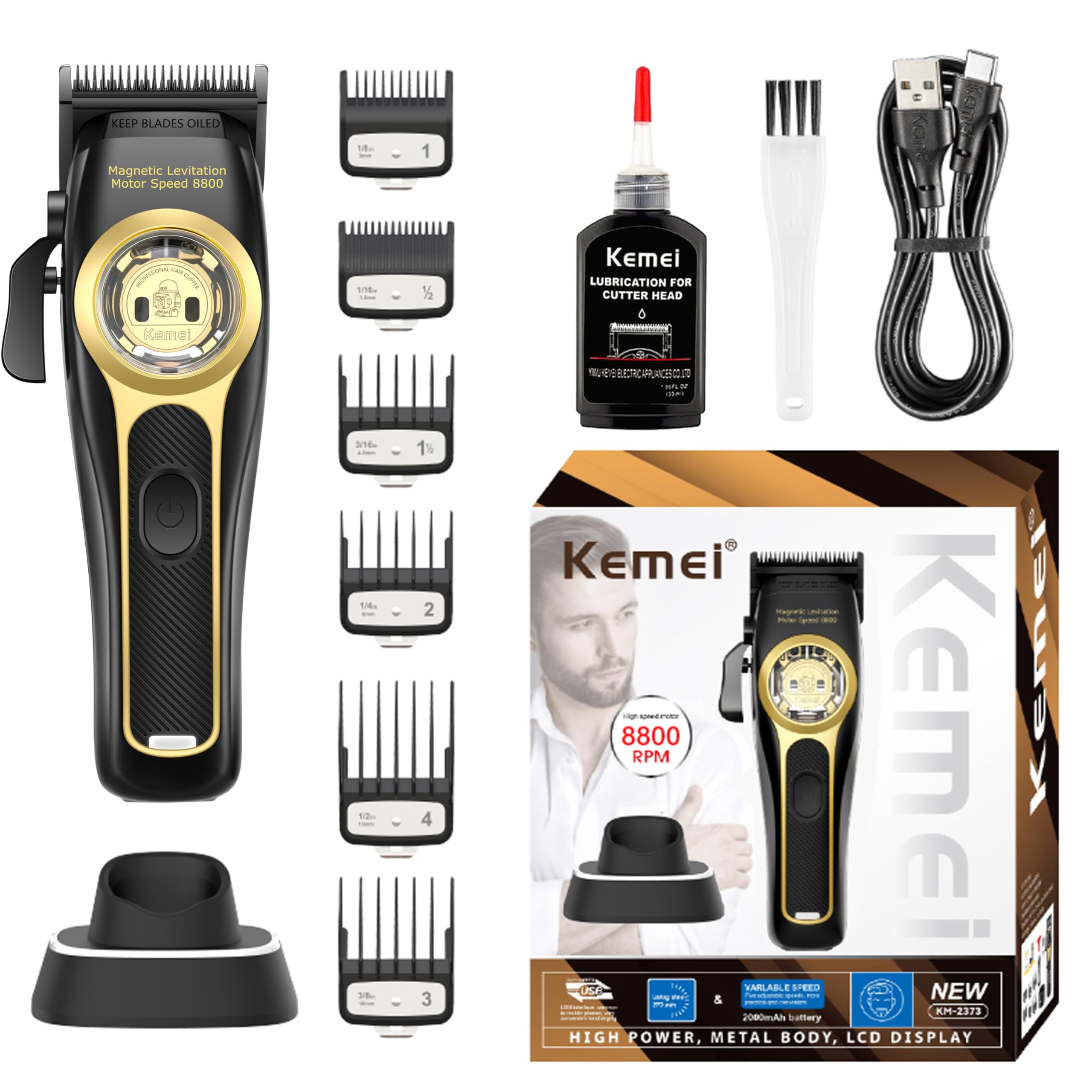 KEMEI 2373 Professional Hair Clippers for Men, Cordless Barber Clipper with 8800 RPM Magnetic Levitation Motor, Adjustable Hair Cutting Kit with Charging Base
