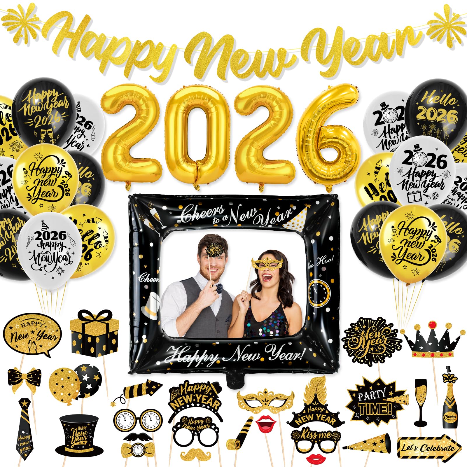 HOWAF New Years Eve Decorations 2026 Balloons Foil Balloons, Happy New Year Banner, Photo Booth Props Frame Foil Balloon for NYE Party Decorations 2026