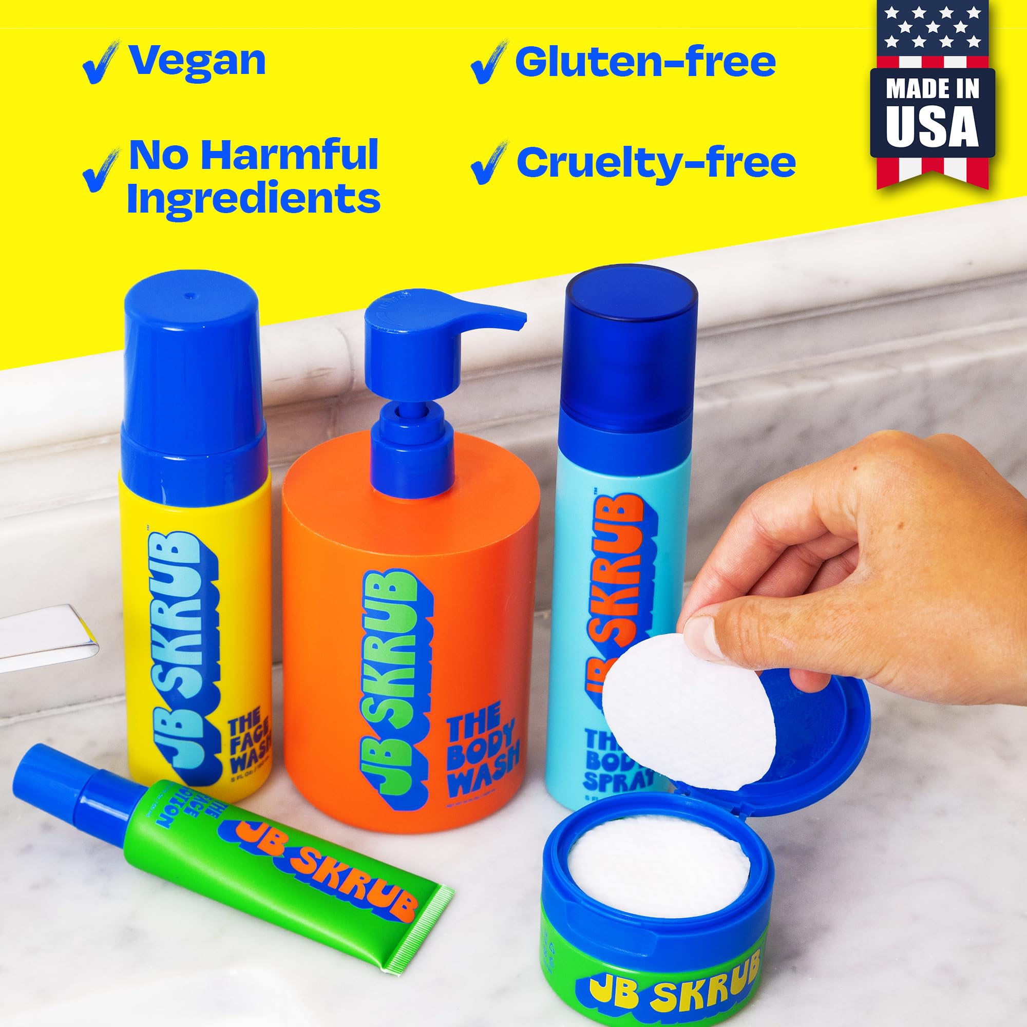 JB SKRUB The Ultimate Bundle - Complete Skin Care Set for Kids, Tweens, and Teens, Includes Body Wash, Body Spray, Acne Face Wash, Pads, and Lotion