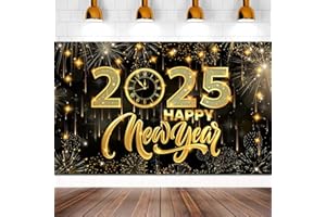 TINEIT Large 71" X 43" Happy New Year Banner 2025, Black Gold Happy New Year Backdrop 2025, New Years Eve Backdrop 2025 for New Year Decorations 2025, New Years Eve Party Supplies 2025 Nye Decorations 2025