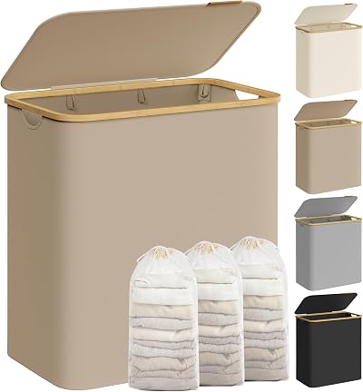 SONGMICS 150 L Laundry Basket with Lid 3-Section Collapsible Camel Brown