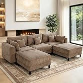 112.4" U Shaped Cloud Couch, Modular Sectional Sofa with Storage Ottoman | MastonHome Comfy Chenille Deep Seat Sofa with Throw Pillow and Removable Washable Cover, Easy Assembly for Living Room, Brown